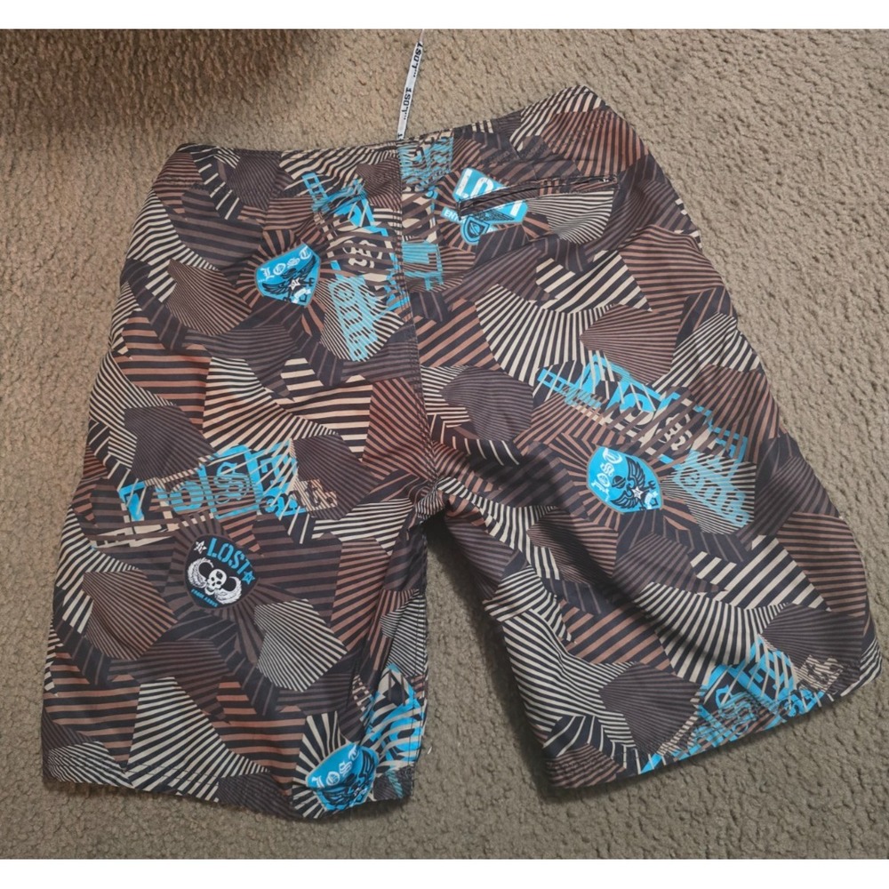 Lost Mayhem Psycho Surf Trunks Board Shorts  Nylon Brown Abstract 90s Size 34